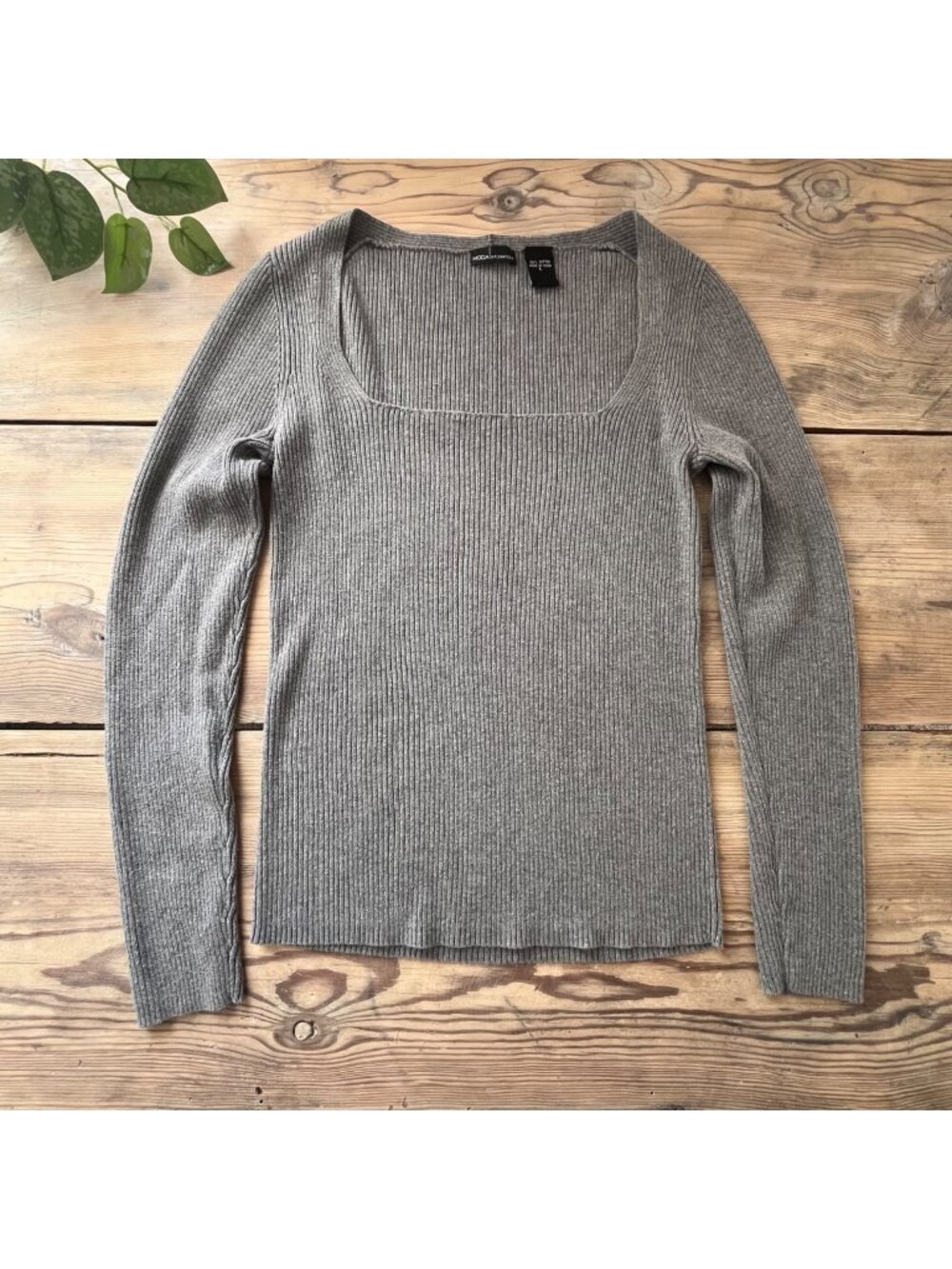 Moda International Square Neck Fitted Sweater Womens L Gray Ribbed Y2K